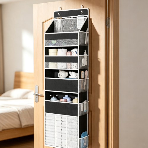 5-Tier Over-Door Organiser with 13 Mesh Pockets, Black