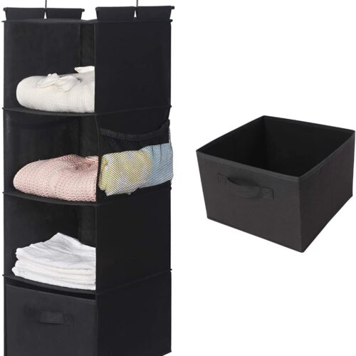 4-Shelf Hanging Wardrobe Organiser with Side Pockets, Black