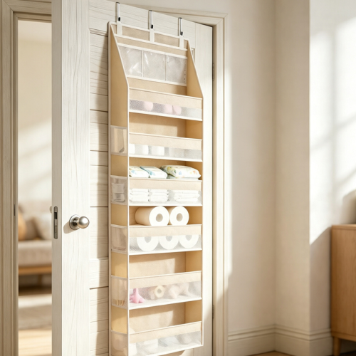 6-Pocket Over-Door Organiser with Mesh Sides, Beige