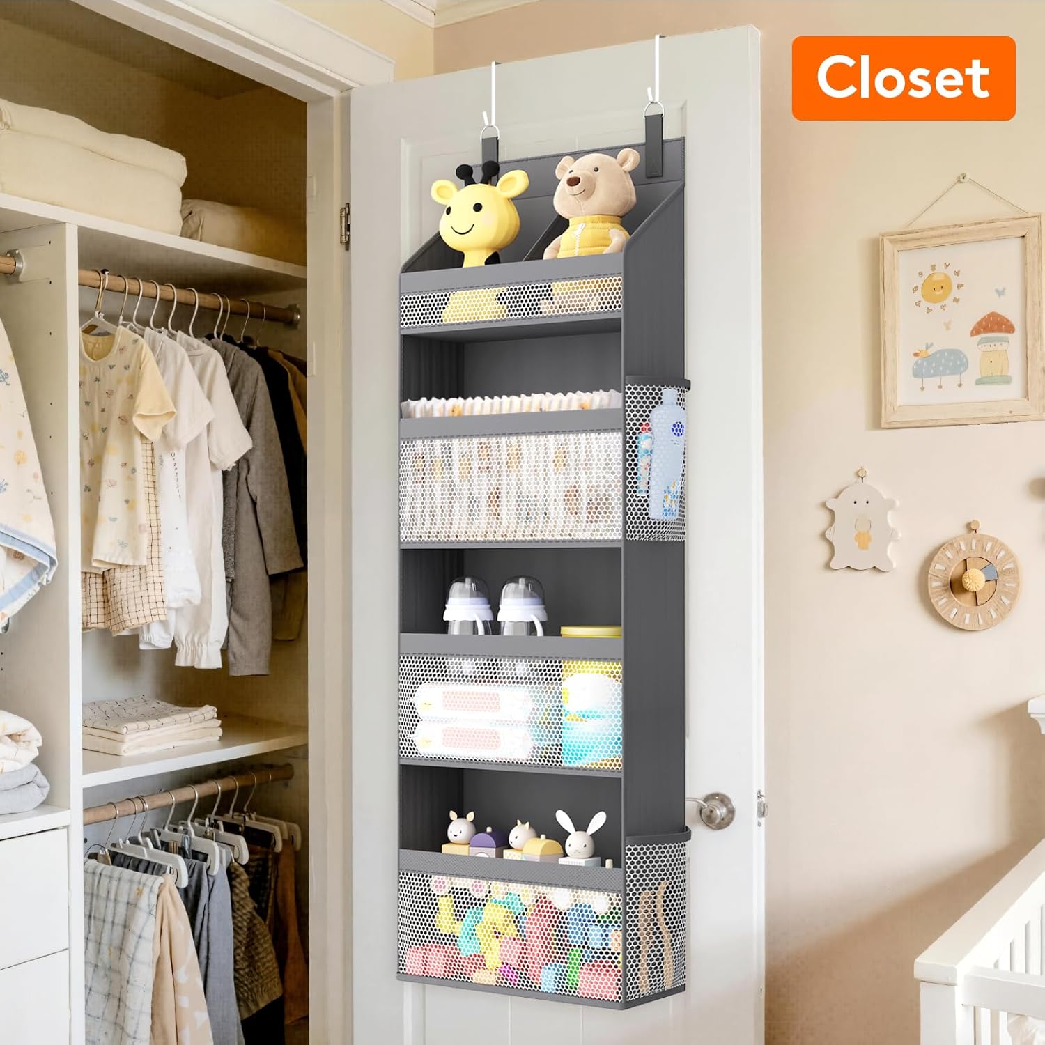 4-Tier Baby Nappy Organiser with Mesh Pockets, Grey - Image 2