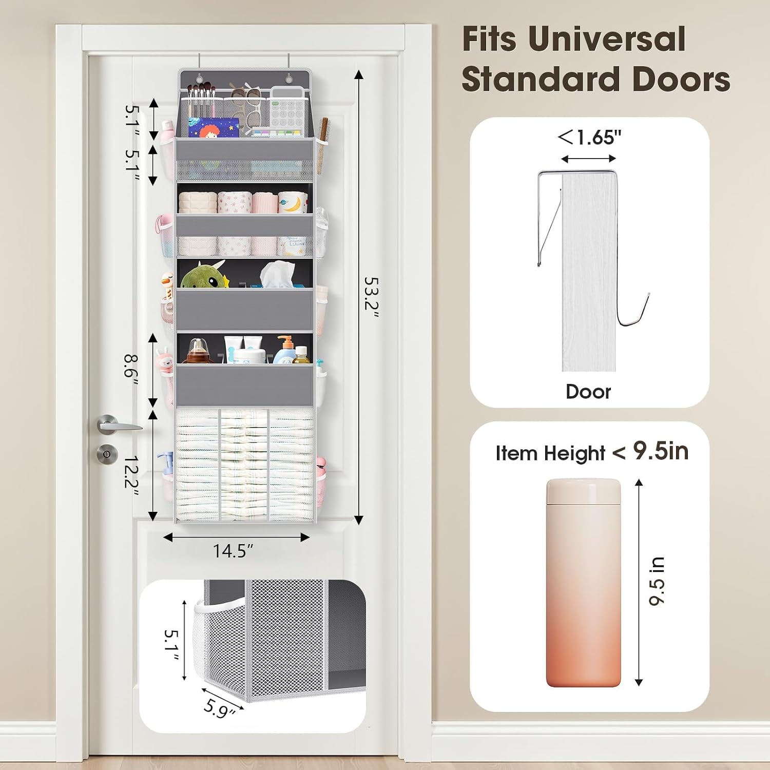 5-Tier Over-Door Organiser with 13 Mesh Pockets, Grey - Image 2