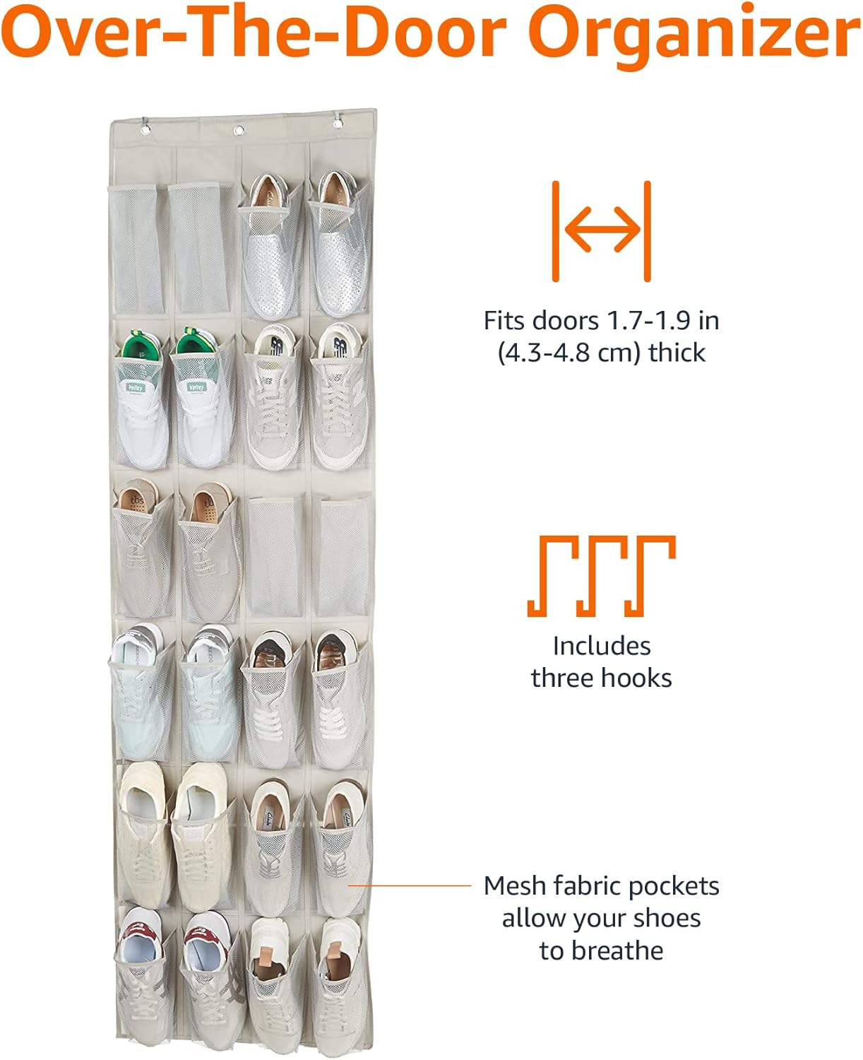 24-Pocket Over-Door Shoe Organiser, Light Grey - Image 2