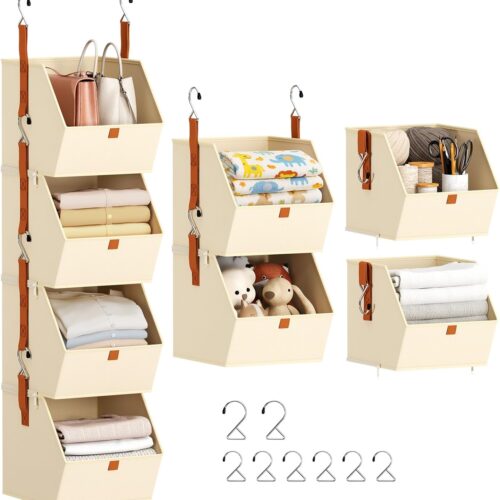 4-Tier Hanging Wardrobe Organiser with Baskets, Beige