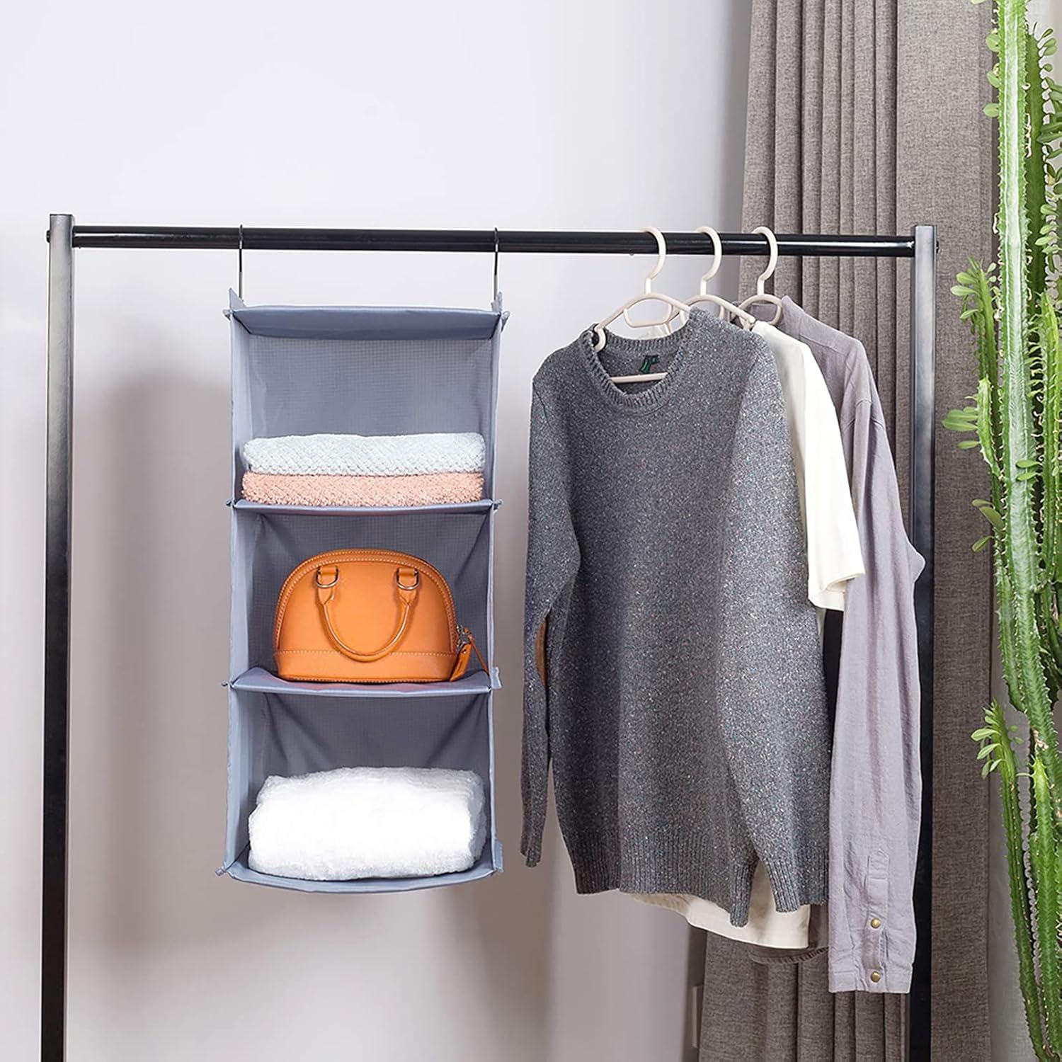 3-Shelf Oxford Fabric Hanging Wardrobe Organiser, Grey - Image 2