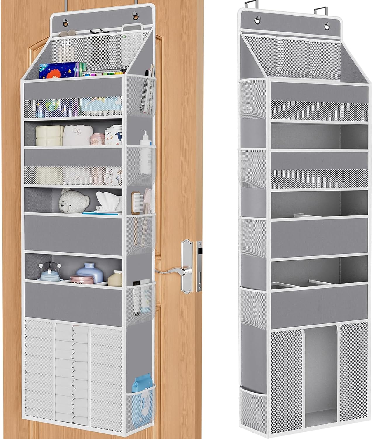 5-Tier Over-Door Organiser with 13 Mesh Pockets, Grey